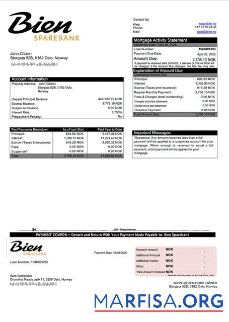 Blank Norway Bien Sparebank mortgage statement Word and PDF template